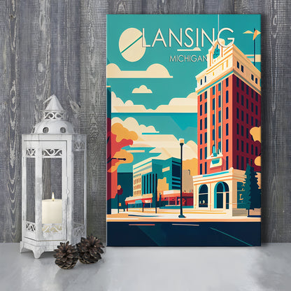 Lansing Michigan Retro Art Print, Lansing City Wall Art, Canvas Print, Painting Canvas, Living Room Decor