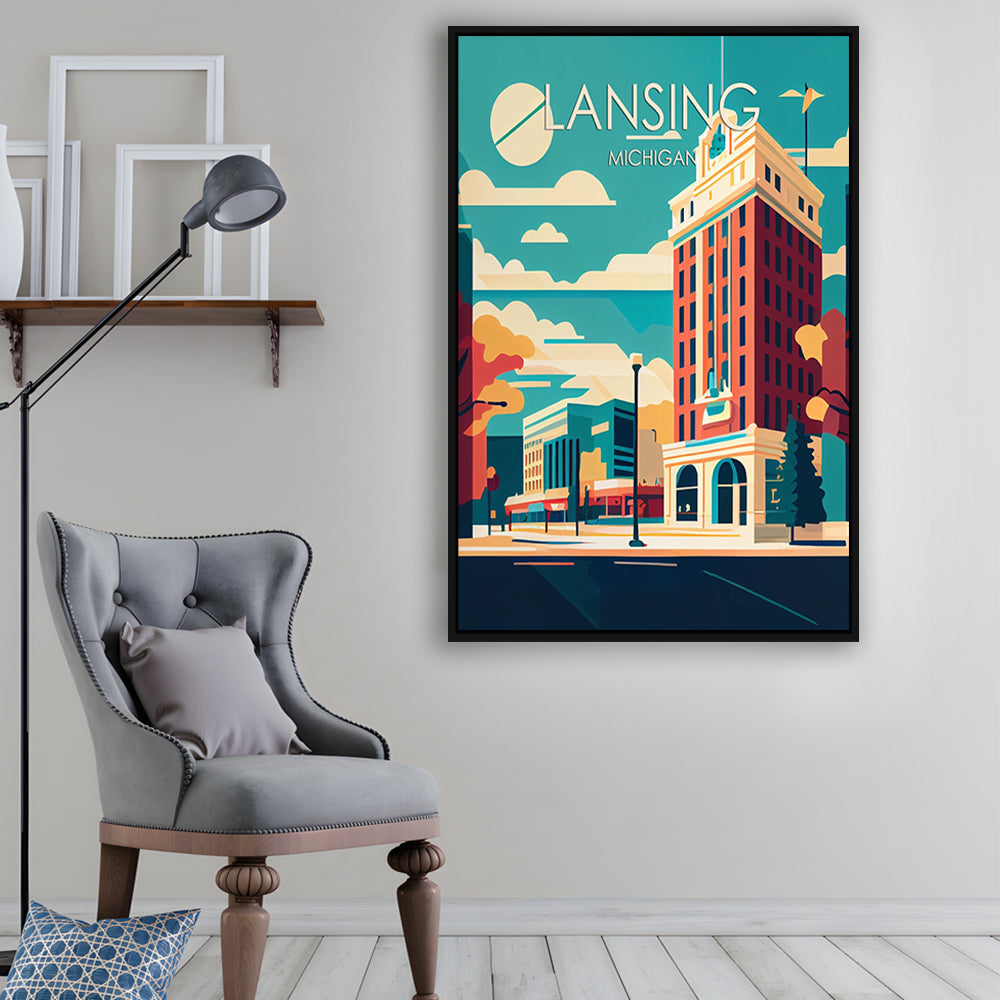 Lansing Michigan Retro Art Print, Lansing City Wall Art, Floating Framed Canvas Print, Framed Picture, Painting Canvas