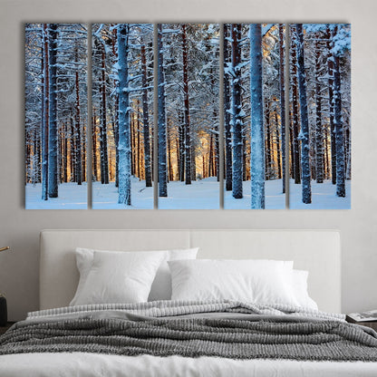 Lapland Woods In Winter At Sunset Kuusamo Finland Large Stretched Canvas, 5 Piece B Extra Large Cavas Print Wall Art Decor