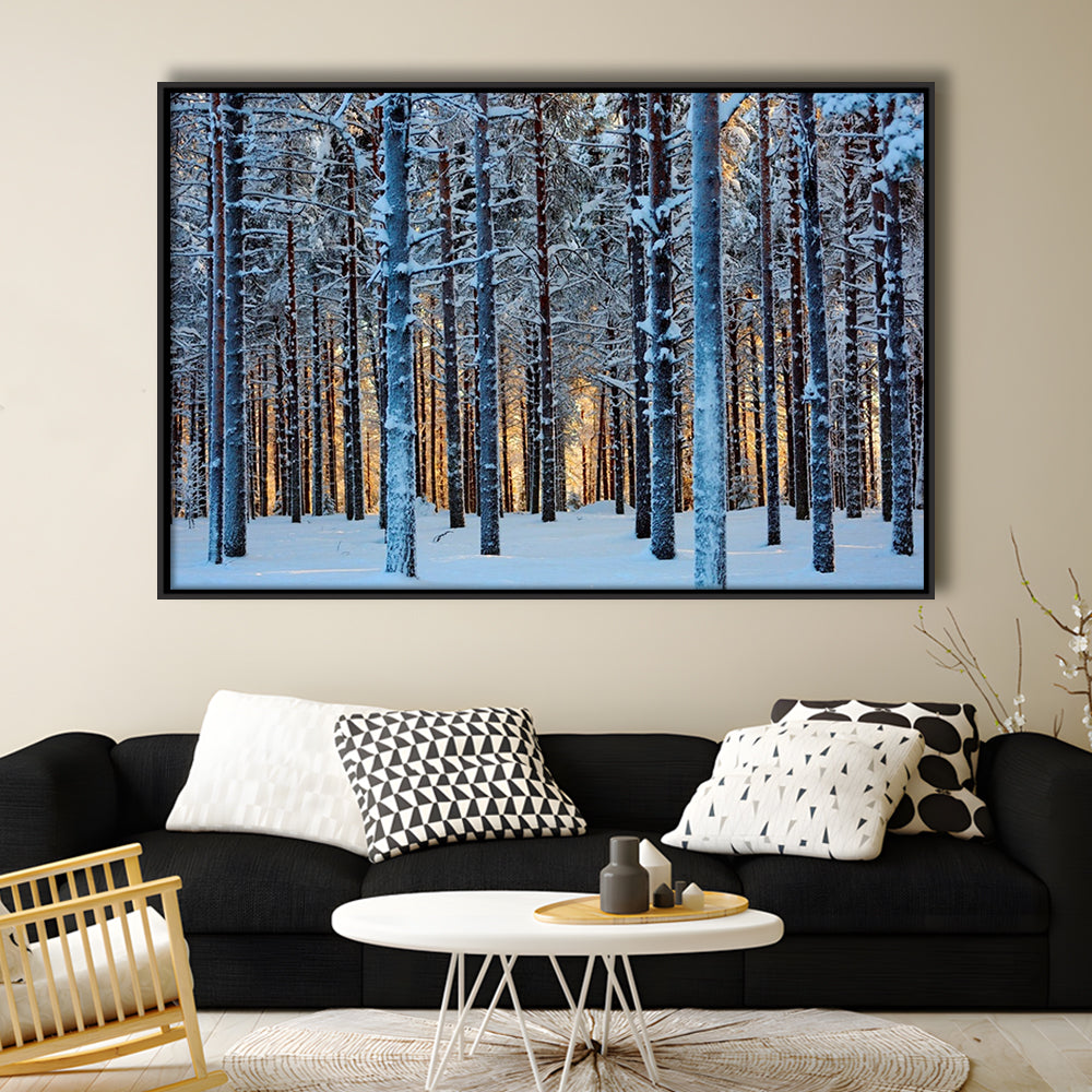 Lapland Woods In Winter At Sunset Kuusamo Finland Large Stretched Canvas, Framed Cavas Print, Floating Frame