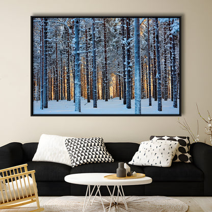 Lapland Woods In Winter At Sunset Kuusamo Finland Large Stretched Canvas, Framed Cavas Print, Floating Frame