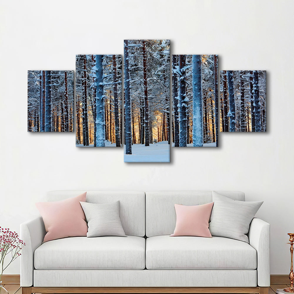 Lapland Woods In Winter At Sunset Kuusamo Finland Large Stretched Canvas, 5 Piece Large Cavas Print Wall Art