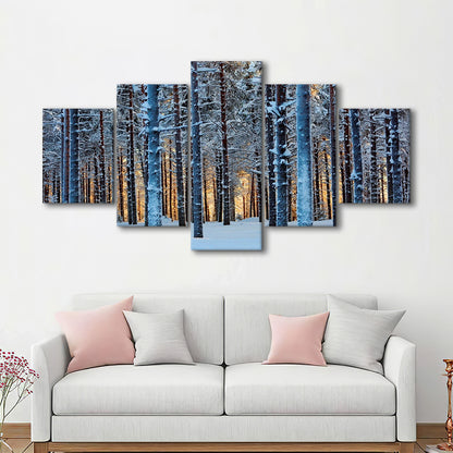 Lapland Woods In Winter At Sunset Kuusamo Finland Large Stretched Canvas, 5 Piece Large Cavas Print Wall Art
