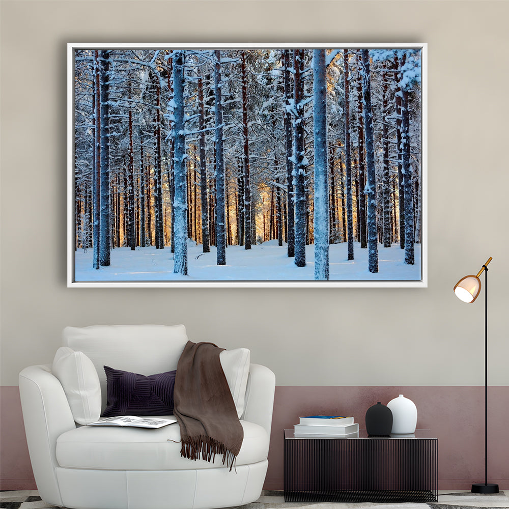 Lapland Woods In Winter At Sunset Kuusamo Finland Large Stretched Canvas, Framed Cavas Print, Floating Frame