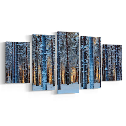 Lapland Woods In Winter At Sunset Kuusamo Finland Large Stretched Canvas, 5 Piece Large Cavas Print Wall Art