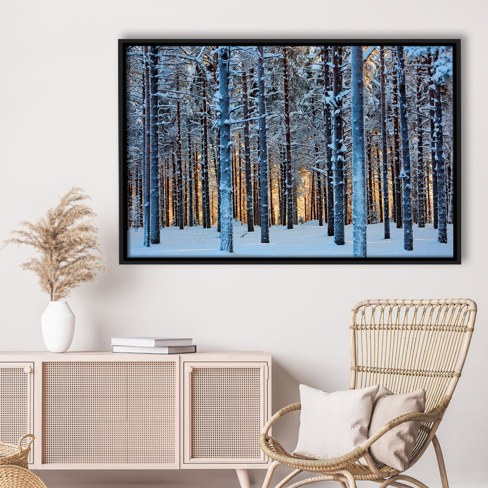 Lapland Woods In Winter At Sunset Kuusamo Finland Large Stretched Canvas, Framed Cavas Print, Floating Frame