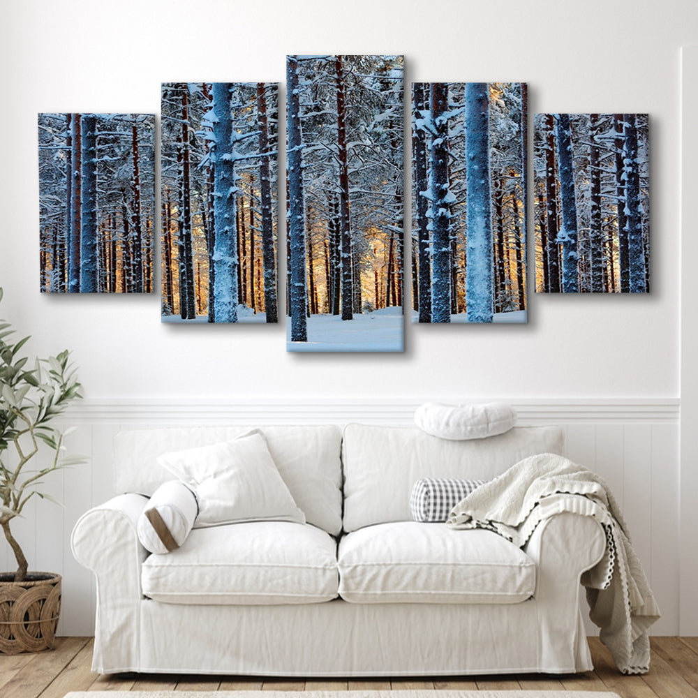 Lapland Woods In Winter At Sunset Kuusamo Finland Large Stretched Canvas, 5 Piece Large Cavas Print Wall Art