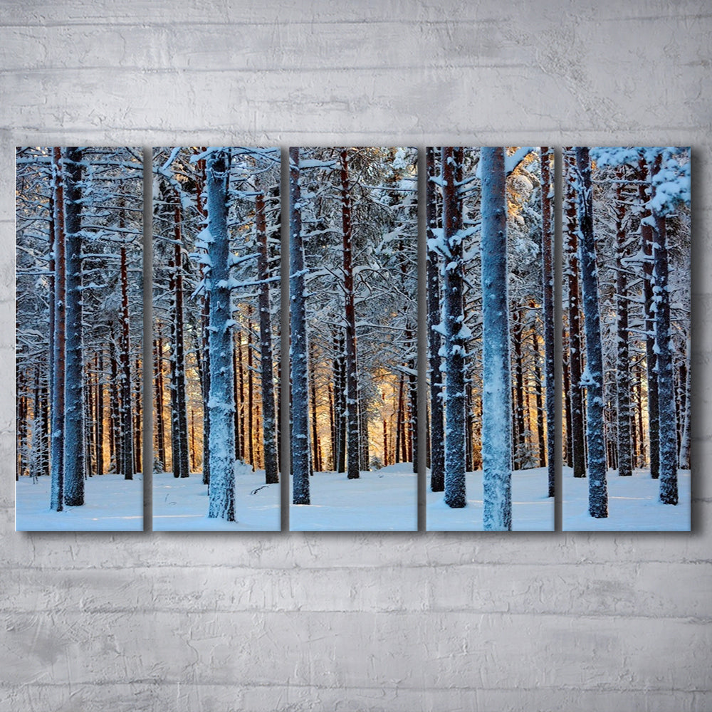 Lapland Woods In Winter At Sunset Kuusamo Finland Large Stretched Canvas, 5 Piece B Extra Large Cavas Print Wall Art Decor
