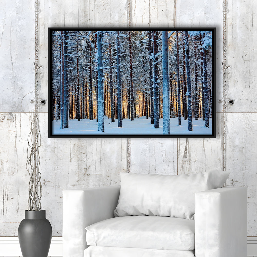 Lapland Woods In Winter At Sunset Kuusamo Finland Large Stretched Canvas, Framed Cavas Print, Floating Frame