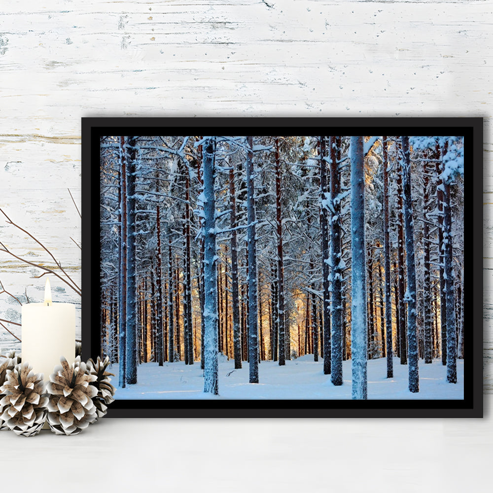Lapland Woods In Winter At Sunset Kuusamo Finland Large Stretched Canvas, Framed Cavas Print, Floating Frame