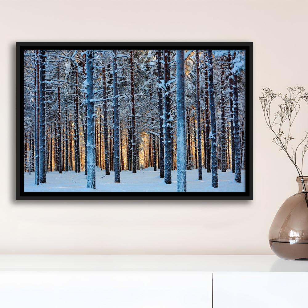 Lapland Woods In Winter At Sunset Kuusamo Finland Large Stretched Canvas, Framed Cavas Print, Floating Frame