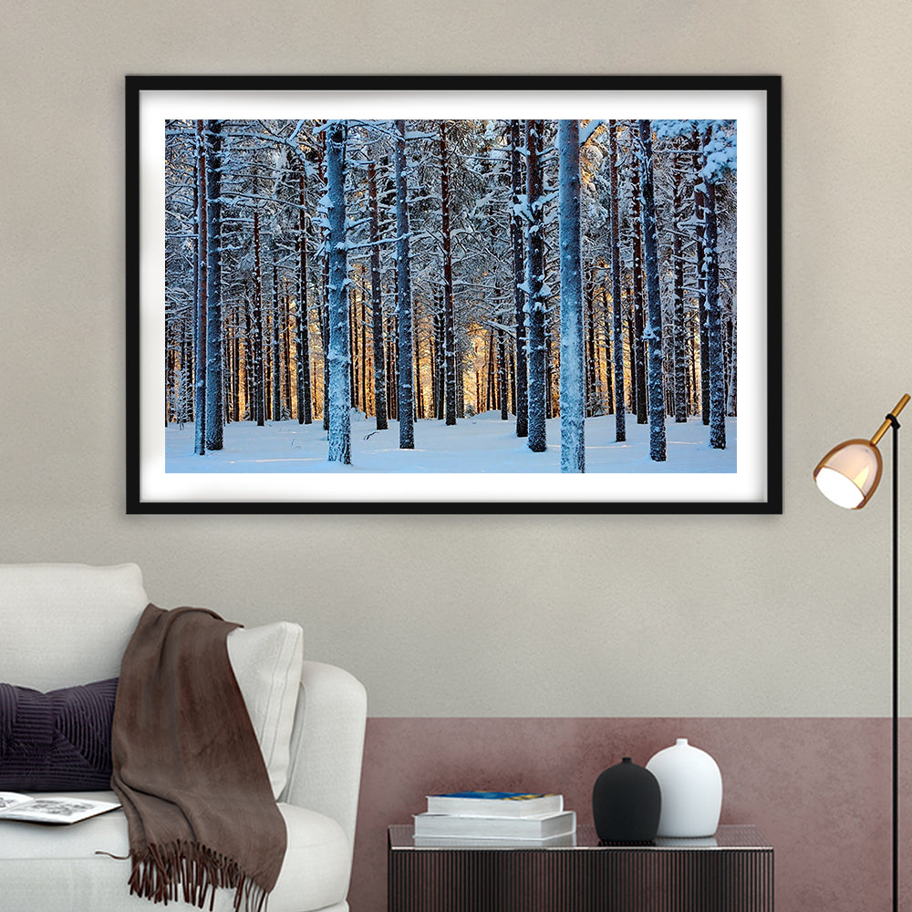 Lapland Woods In Winter At Sunset Kuusamo Finland Large Stretched, Framed Art Print White Border