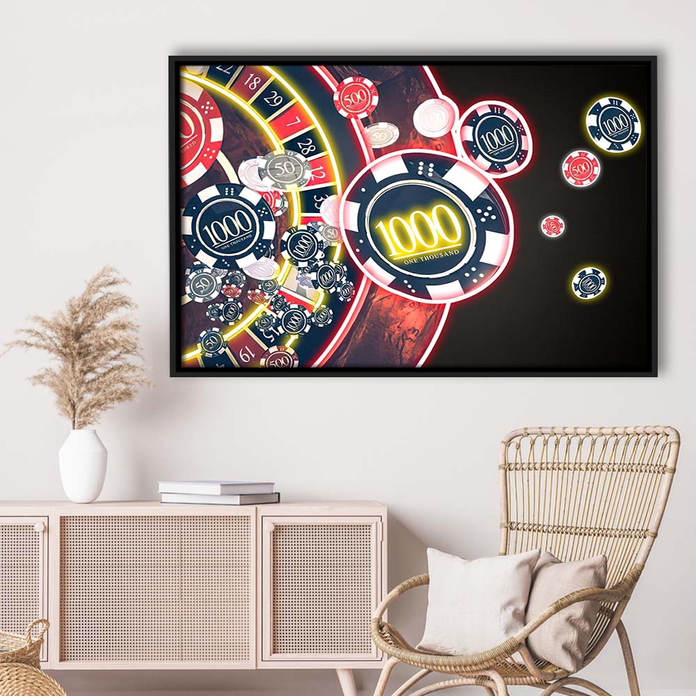 Las Vegas Casino Art Print, Poker Art, Framed Canvas Print Wall Art Decor, Floating Frame, Neon Effect Art