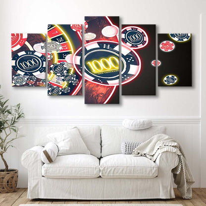 Las Vegas Casino Art Print, Poker Art, 5 Panel Mixed Canvas Print Wall Art, Home Decor, Neon Canvas