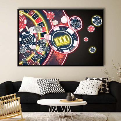 Las Vegas Casino Art Print, Poker Art, Framed Canvas Print Wall Art Decor, Floating Frame, Neon Effect Art