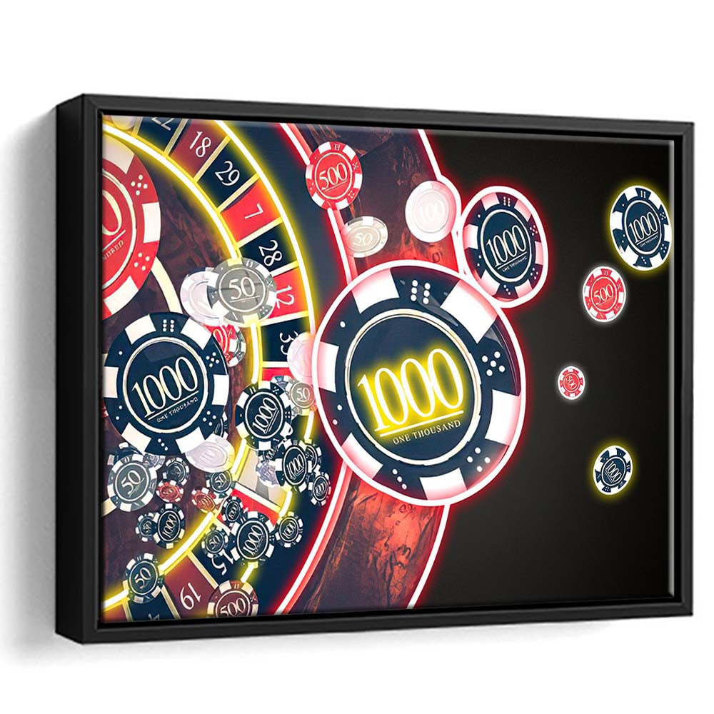 Las Vegas Casino Art Print, Poker Art, Framed Canvas Print Wall Art Decor, Floating Frame, Neon Effect Art