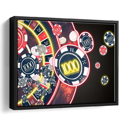Las Vegas Casino Art Print, Poker Art, Framed Canvas Print Wall Art Decor, Floating Frame, Neon Effect Art