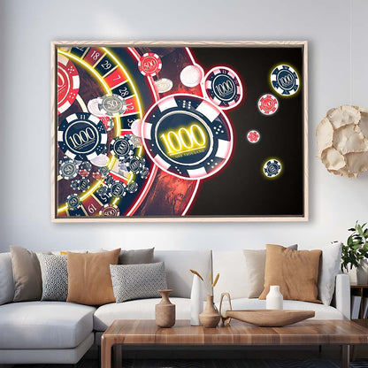 Las Vegas Casino Art Print, Poker Art, Framed Canvas Print Wall Art Decor, Floating Frame, Neon Effect Art
