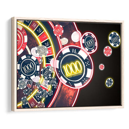 Las Vegas Casino Art Print, Poker Art, Framed Canvas Print Wall Art Decor, Floating Frame, Neon Effect Art