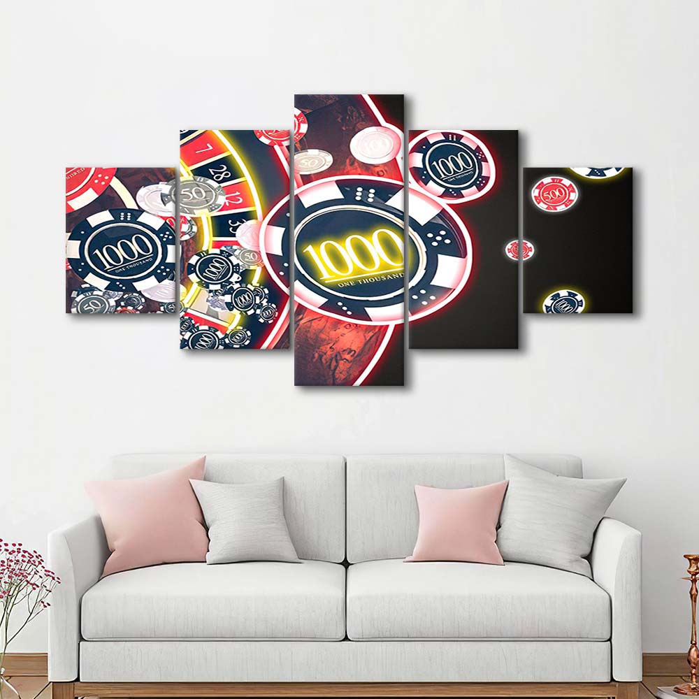 Las Vegas Casino Art Print, Poker Art, 5 Panel Mixed Canvas Print Wall Art, Home Decor, Neon Canvas