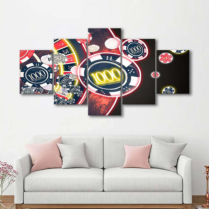 Las Vegas Casino Art Print, Poker Art, 5 Panel Mixed Canvas Print Wall Art, Home Decor, Neon Canvas