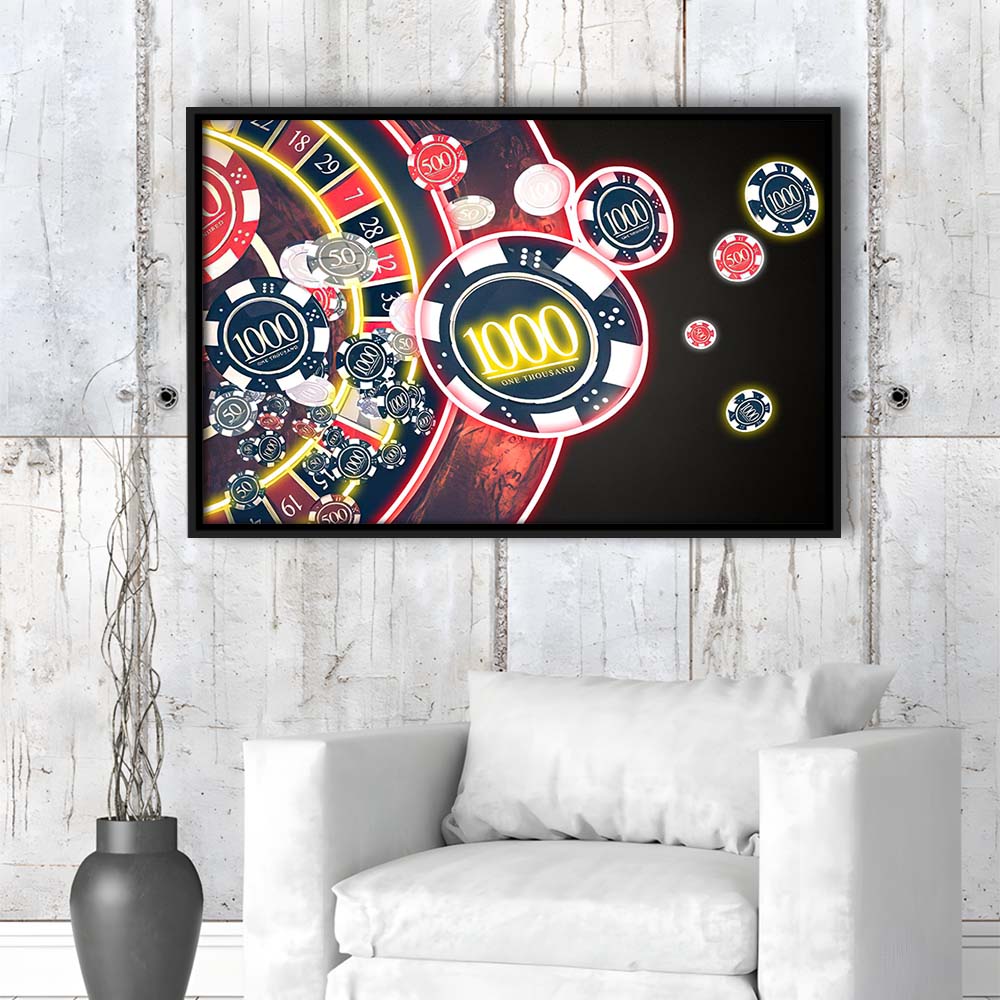 Las Vegas Casino Art Print, Poker Art, Framed Canvas Print Wall Art Decor, Floating Frame, Neon Effect Art