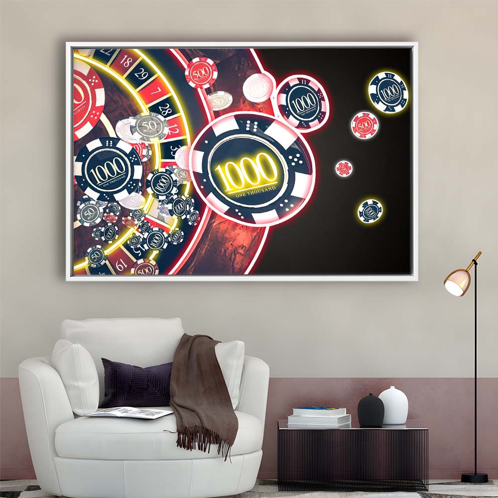 Las Vegas Casino Art Print, Poker Art, Framed Canvas Print Wall Art Decor, Floating Frame, Neon Effect Art