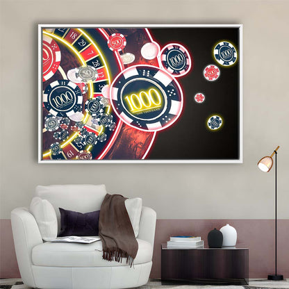 Las Vegas Casino Art Print, Poker Art, Framed Canvas Print Wall Art Decor, Floating Frame, Neon Effect Art