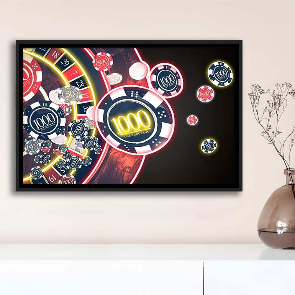 Las Vegas Casino Art Print, Poker Art, Framed Canvas Print Wall Art Decor, Floating Frame, Neon Effect Art