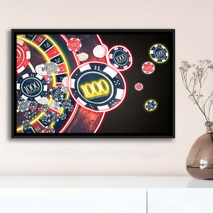 Las Vegas Casino Art Print, Poker Art, Framed Canvas Print Wall Art Decor, Floating Frame, Neon Effect Art