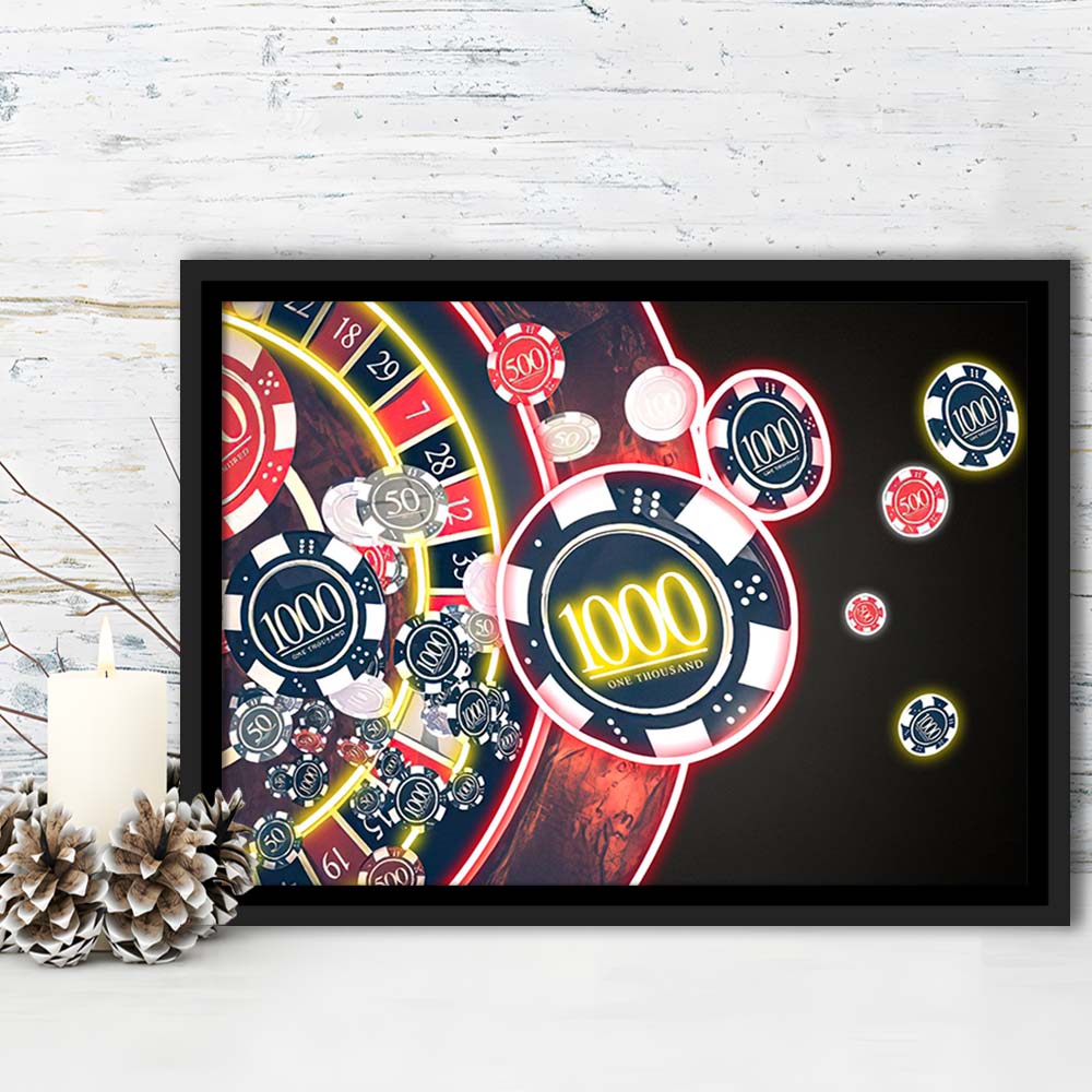 Las Vegas Casino Art Print, Poker Art, Framed Canvas Print Wall Art Decor, Floating Frame, Neon Effect Art