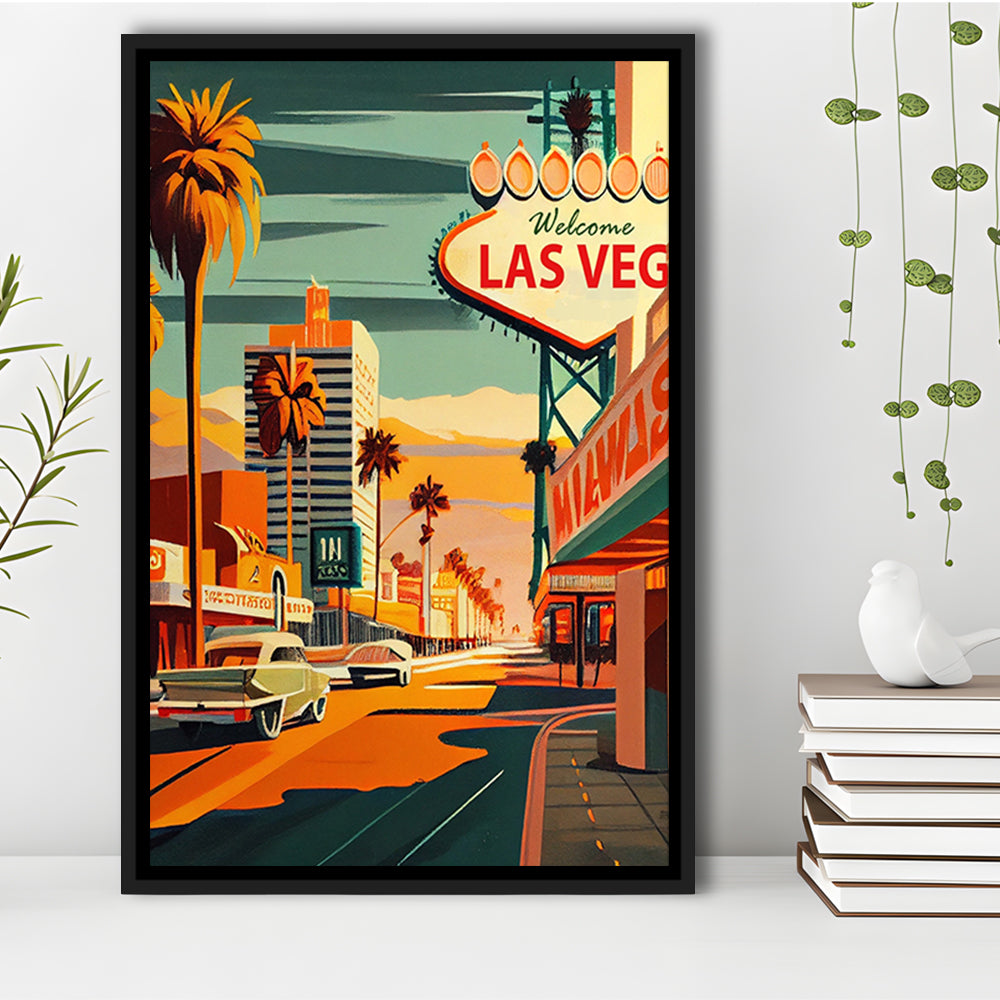 Las Vegas Strip 1960s Retro Art Print, Las Vegas Strip, Floating Framed Canvas Print, Framed Picture, Painting Canvas