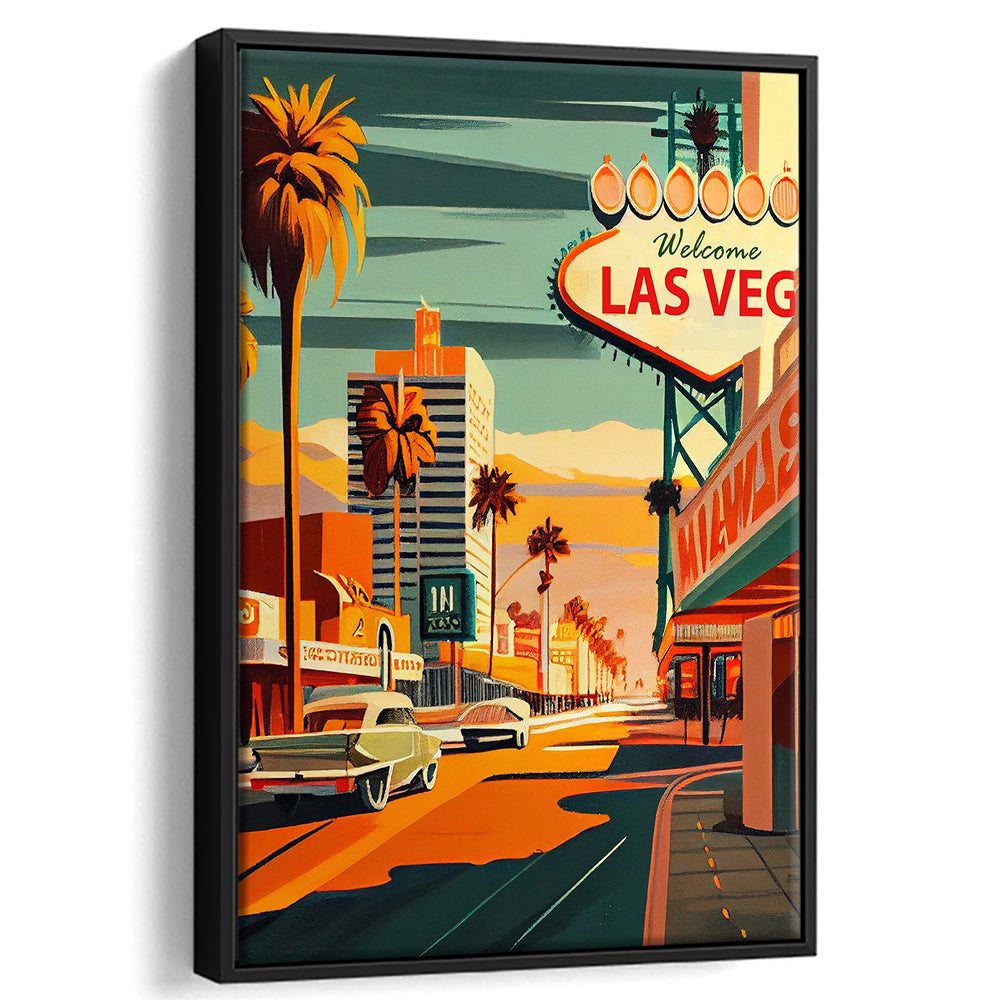 Las Vegas Strip 1960s Retro Art Print, Las Vegas Strip, Floating Framed Canvas Print, Framed Picture, Painting Canvas