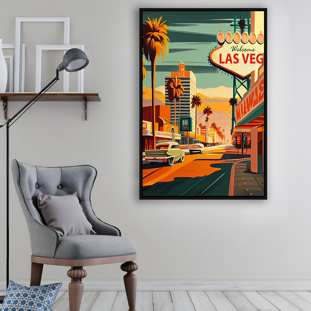 Las Vegas Strip 1960s Retro Art Print, Las Vegas Strip, Floating Framed Canvas Print, Framed Picture, Painting Canvas