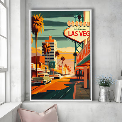 Las Vegas Strip 1960s Retro Art Print, Las Vegas Strip, Floating Framed Canvas Print, Framed Picture, Painting Canvas