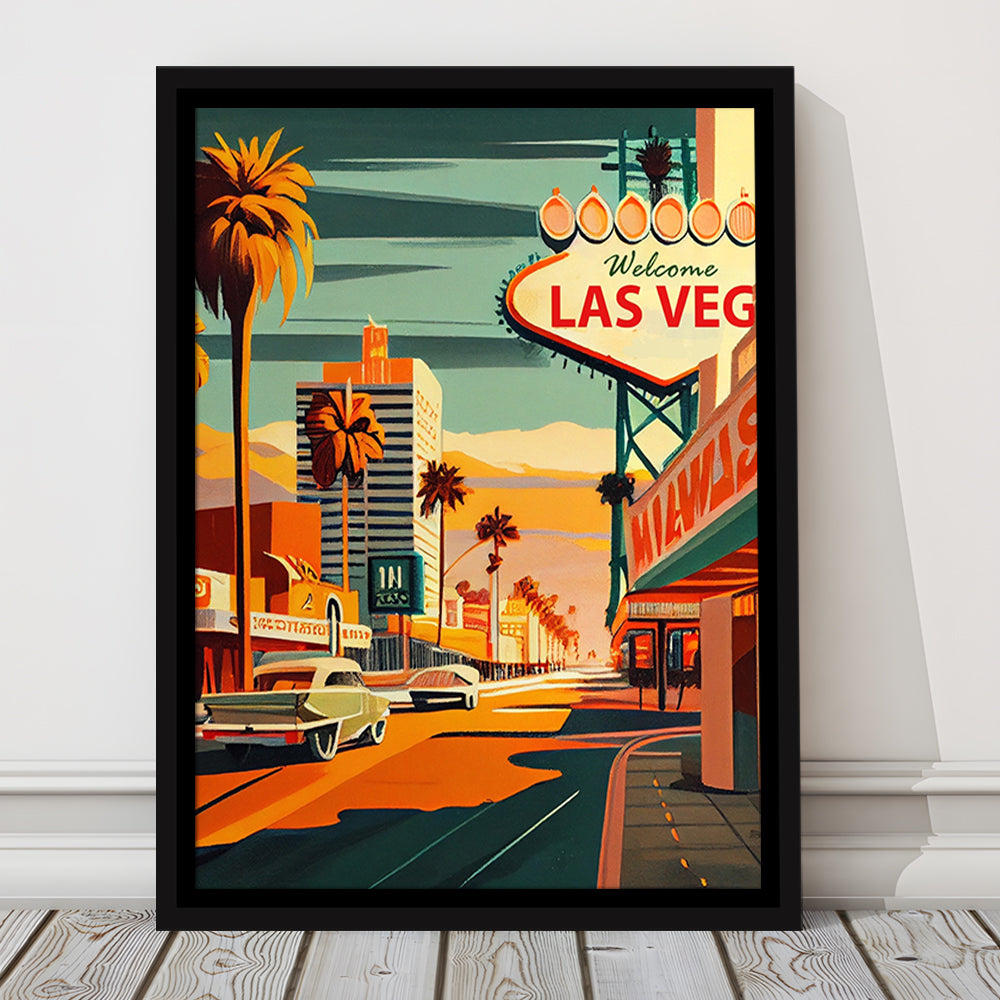 Las Vegas Strip 1960s Retro Art Print, Las Vegas Strip, Floating Framed Canvas Print, Framed Picture, Painting Canvas