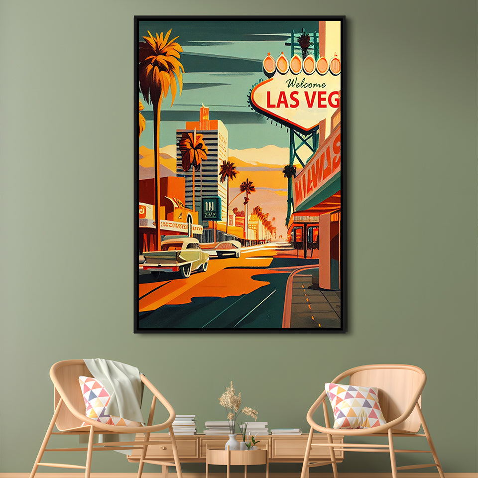 Las Vegas Strip 1960s Retro Art Print, Las Vegas Strip, Floating Framed Canvas Print, Framed Picture, Painting Canvas