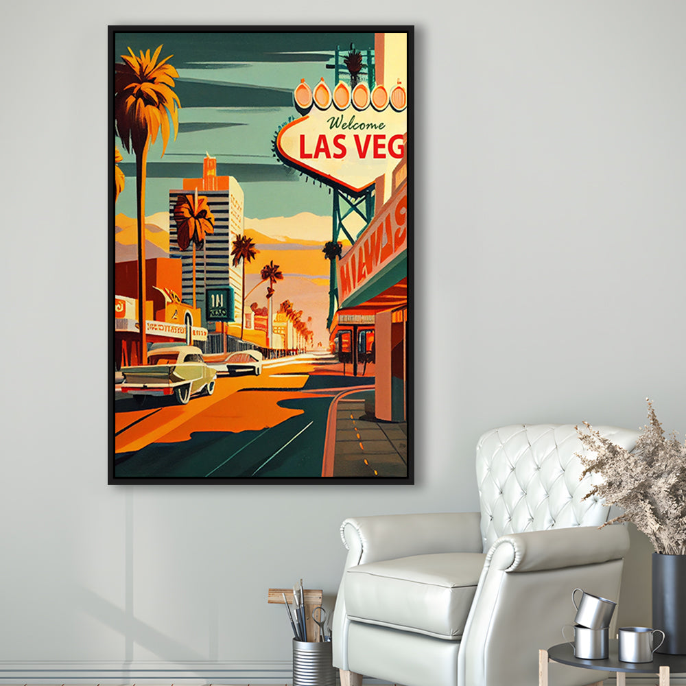 Las Vegas Strip 1960s Retro Art Print, Las Vegas Strip, Floating Framed Canvas Print, Framed Picture, Painting Canvas