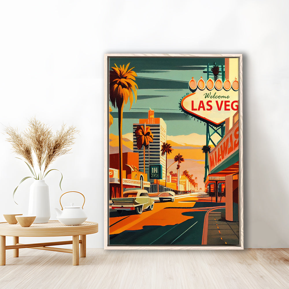 Las Vegas Strip 1960s Retro Art Print, Las Vegas Strip, Floating Framed Canvas Print, Framed Picture, Painting Canvas
