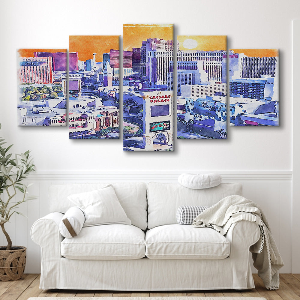 Las Vegas Watercolor, Las Vegas Nevada Painting, Sport Art, Mixed 5 Panel, Canvas Print Wall Art