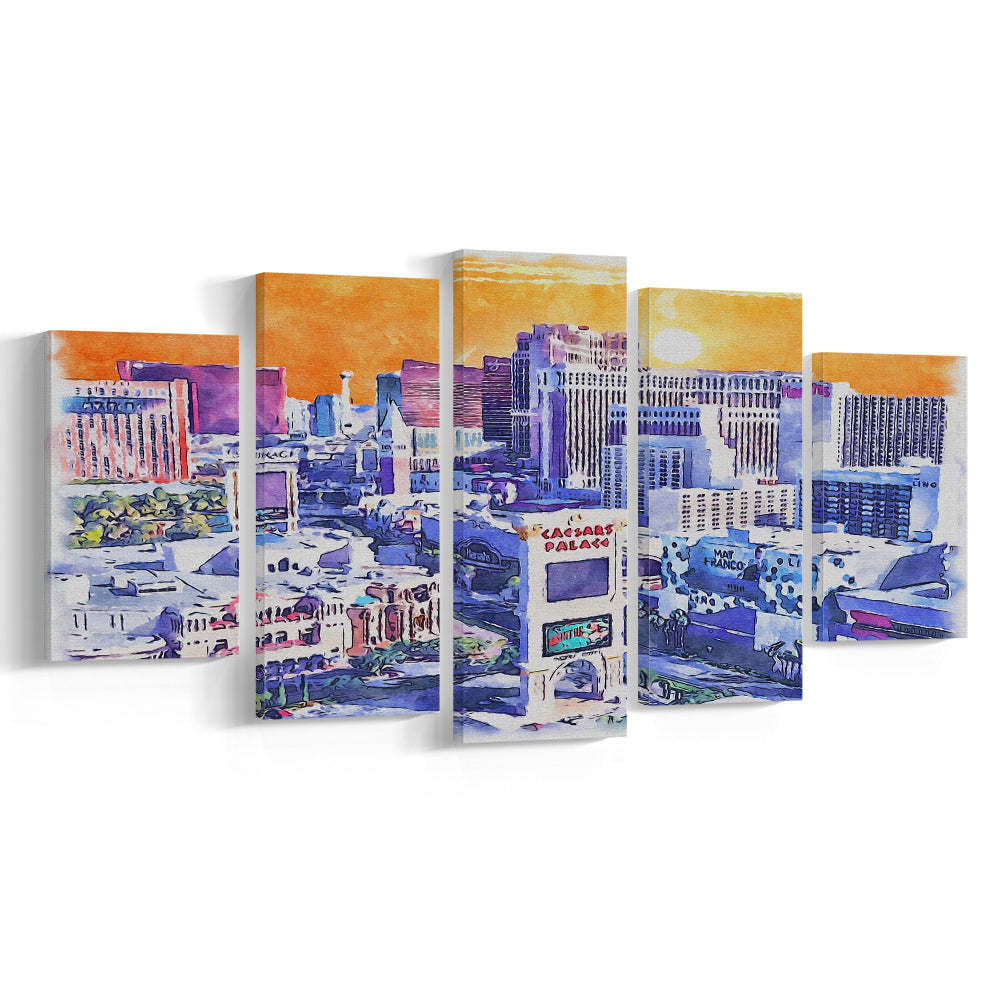 Las Vegas Watercolor, Las Vegas Nevada Painting, Sport Art, Mixed 5 Panel, Canvas Print Wall Art