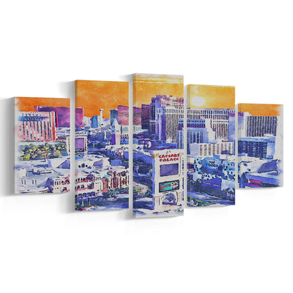 Las Vegas Watercolor, Las Vegas Nevada Painting, Sport Art, Mixed 5 Panel, Canvas Print Wall Art