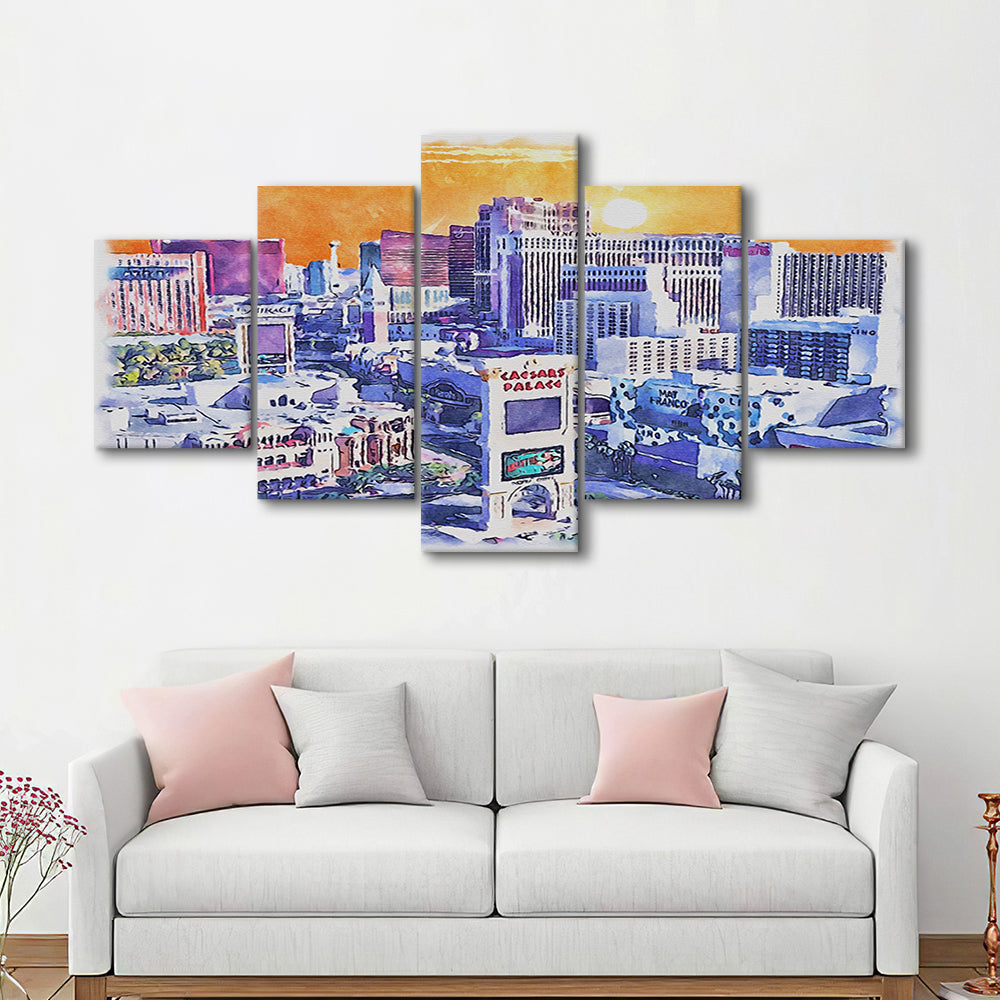 Las Vegas Watercolor, Las Vegas Nevada Painting, Sport Art, Mixed 5 Panel, Canvas Print Wall Art