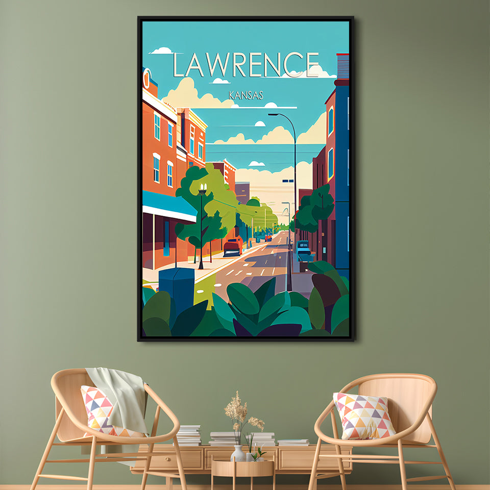 Lawrence Kansas Retro Art Print, Lawrence City Wall Art, Floating Framed Canvas Print, Framed Picture, Painting Canvas