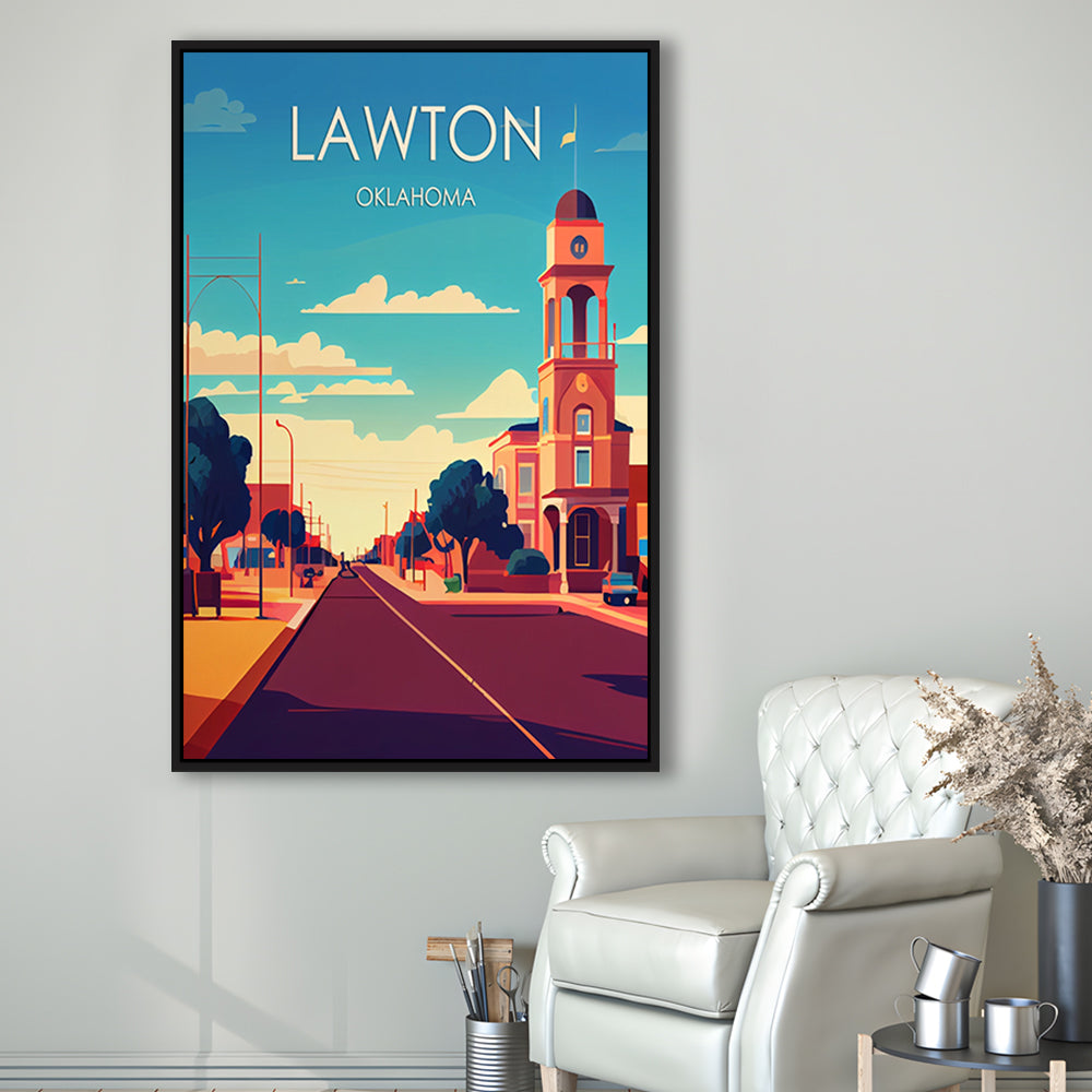 Lawton Oklahoma Retro Art Print, Lawton City Wall Art, Floating Framed Canvas Print, Framed Picture, Painting Canvas