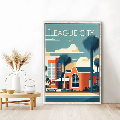 League City Texas Retro Art Print, League City City Wall Art, Floating Framed Canvas Print, Framed Picture, Painting Canvas