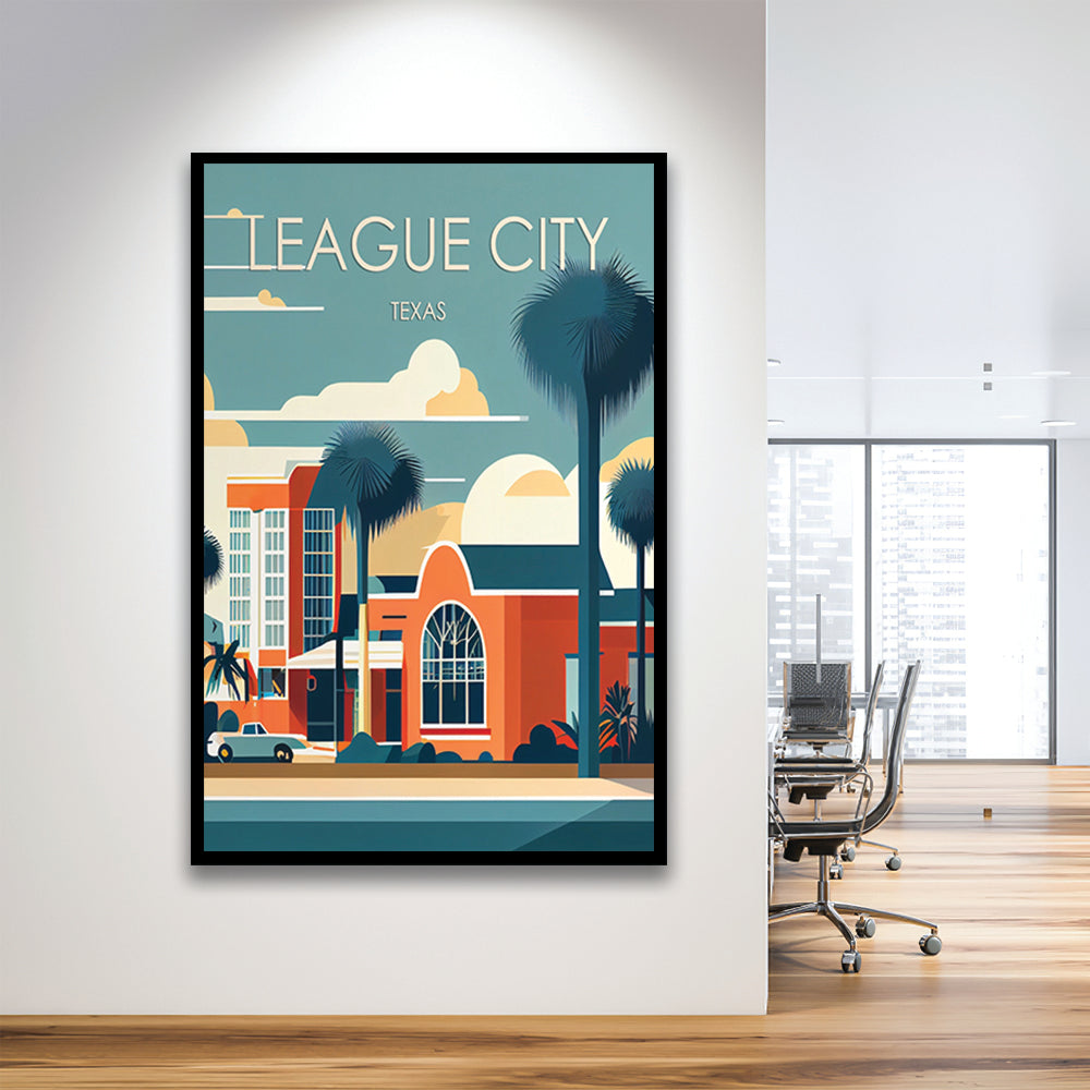 League City Texas Retro Art Print, League City City Wall Art, Framed Art Print, Picture Framed, Painting Art