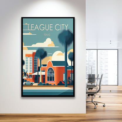 League City Texas Retro Art Print, League City City Wall Art, Framed Art Print, Picture Framed, Painting Art
