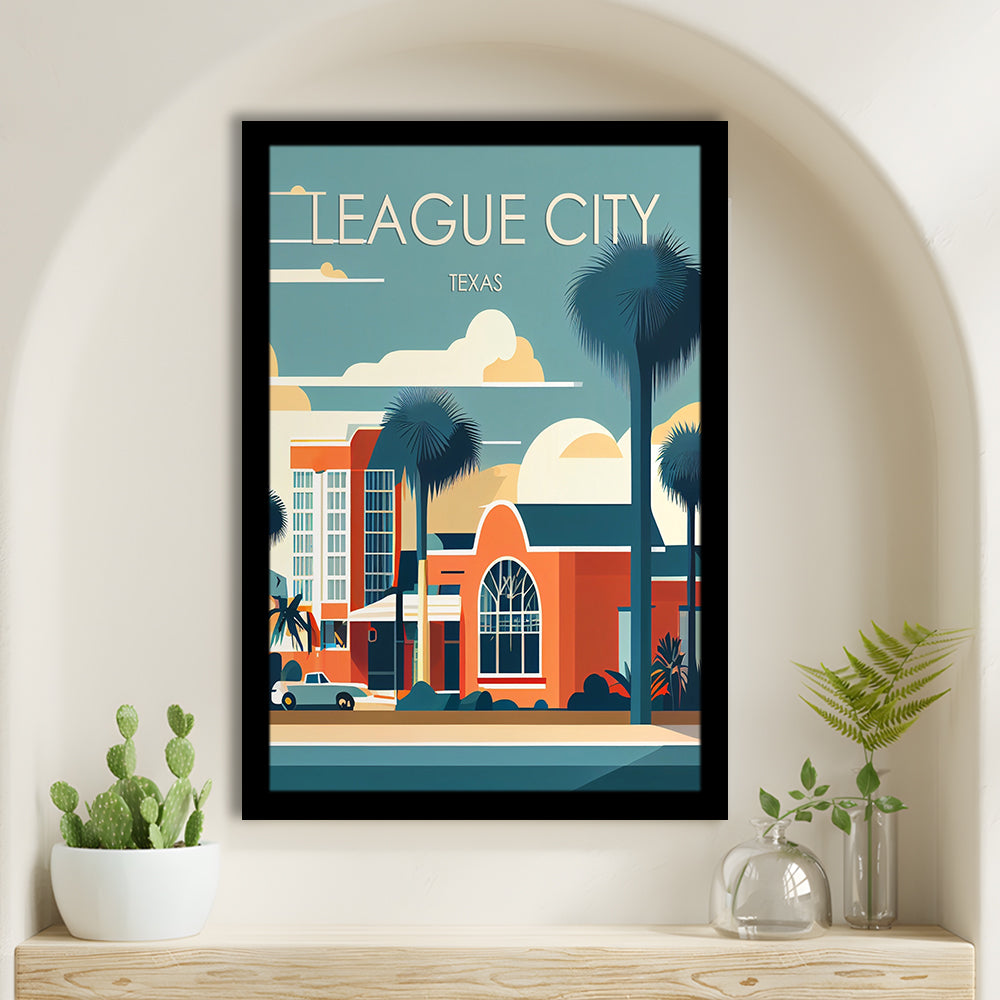 League City Texas Retro Art Print, League City City Wall Art, Framed Art Print, Picture Framed, Painting Art