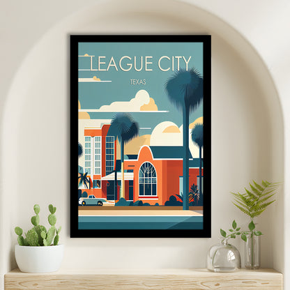 League City Texas Retro Art Print, League City City Wall Art, Framed Art Print, Picture Framed, Painting Art